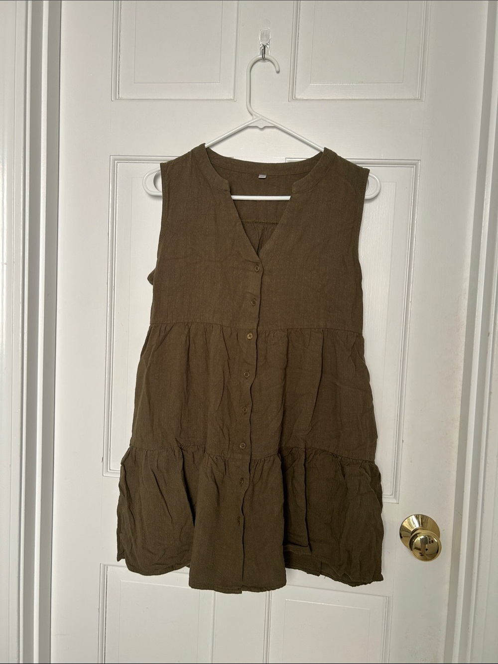 Sleeveless Tiered Button-Front Women's Mini Dress in Olive Green